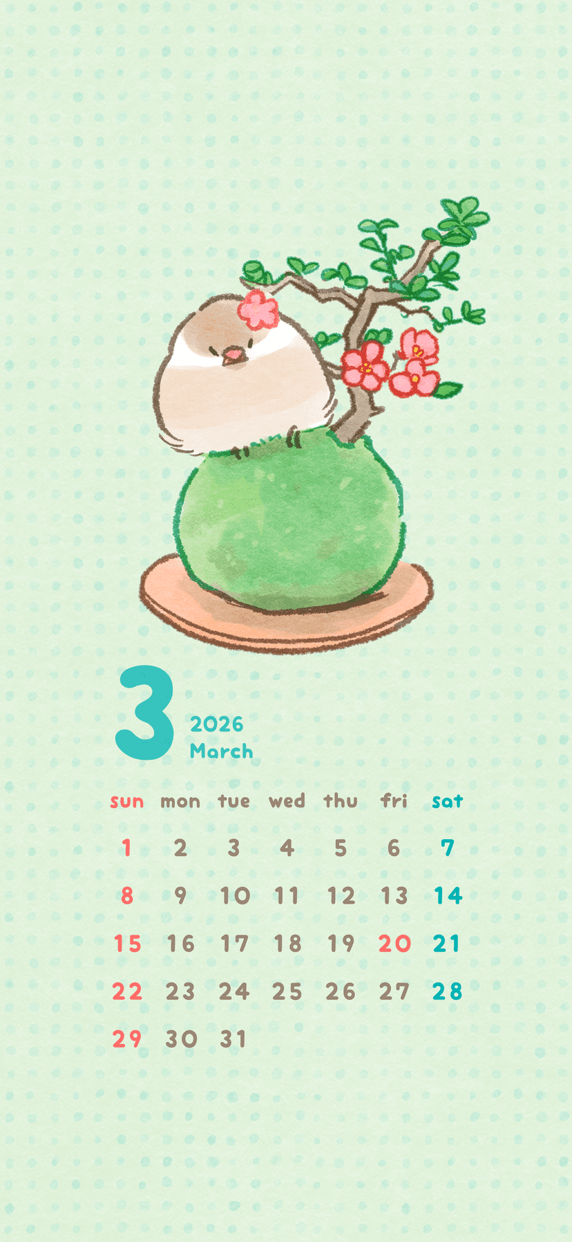 2026年3月 文鳥さんカレンダー